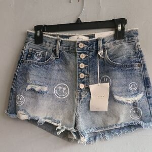 NEW women's 5 (30" waist) KanCan denim cutoff jean shorts smiley face print